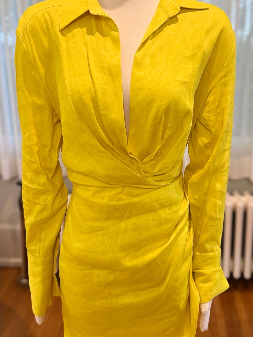 Gauge81 Bright Yellow Draped Wrap-Front Long Sleeve Dress